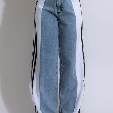 2024 Fashion Casual High Waist Elastic Straight Leg Trousers Three Stripe Patchwork Denim Wide Leg Pants Streetwear