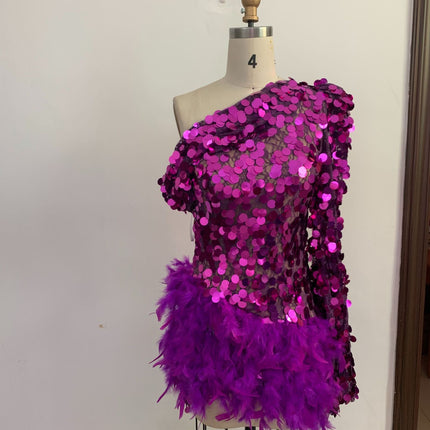 Purple Sequined Feather Skirt One-shoulder Sleeve Short Dress Luxury Party Stage Performance Dress