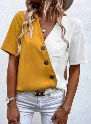 Women's Chiffon Fashion Contrast Short Sleeve Shirt Top