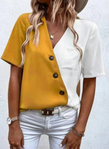 Women's Chiffon Fashion Contrast Short Sleeve Shirt Top