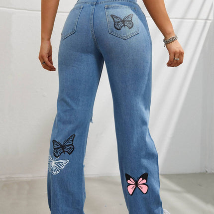 High Waisted Straight Leg Jeans For Women Trendy Butterfly Print Ripped Distressed Denim Pants