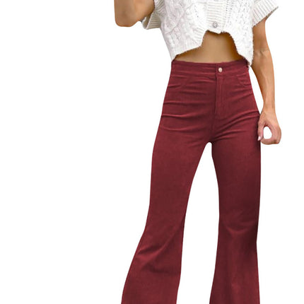 Solid Color Mid-waist Slim-fit Micro Flared Pants Corduroy