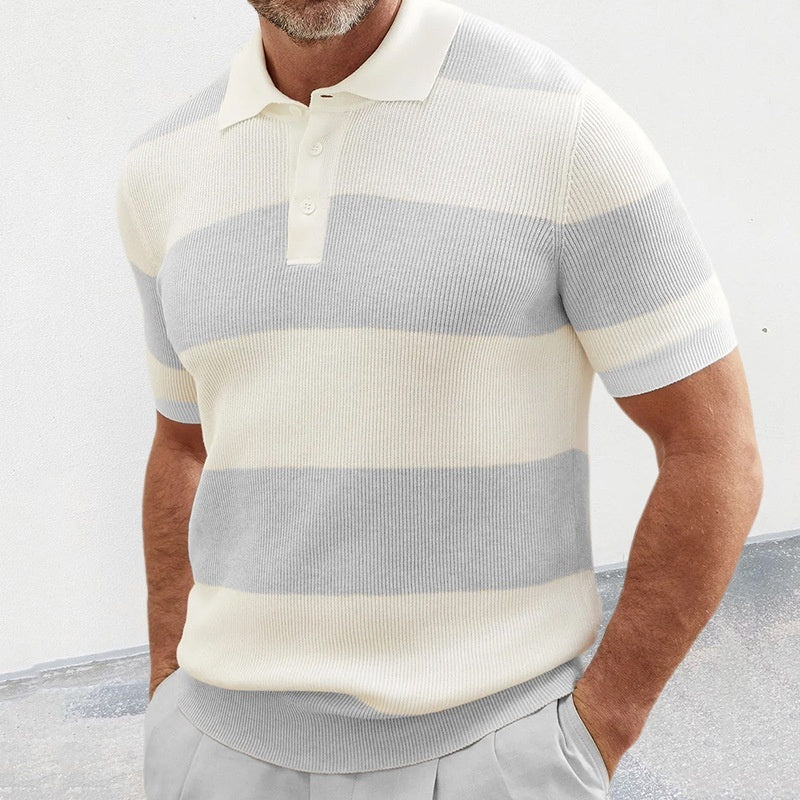 Men’s Summer Lapel Sweater | Slim Fit Short Sleeve Knit Top | Color Block Splicing Design | European & American Style | Lightweight Acrylic Men’s Wear | Trendy Summer Fashion Top - Apparel & Accessories > Clothing > Clothing Tops > Sweaters