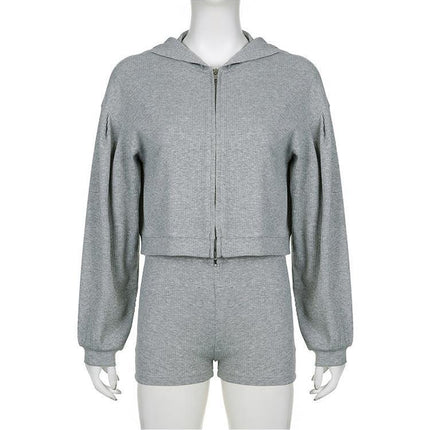 Knitted Zipper Sweater V-neck Triangle Cup Bra Shorts Casual Three-piece Suit