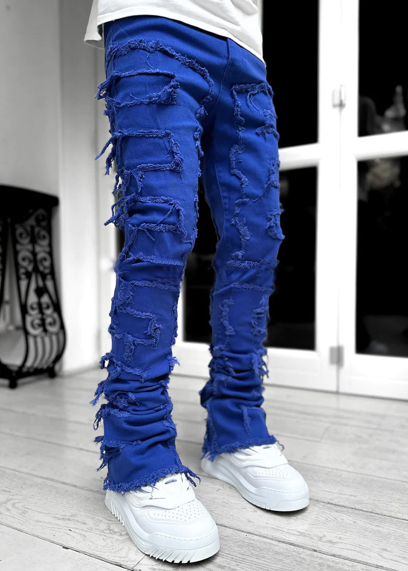 Men’s Stacked Jeans | Tight Fit Long Trousers with Patched Design | Trendy Solid Color Streetwear Pants | Cotton Slim Fit Fashion Jeans for Men | Stylish Modern Men’s Clothing - Apparel & Accessories > Clothing > Pants > Jeans