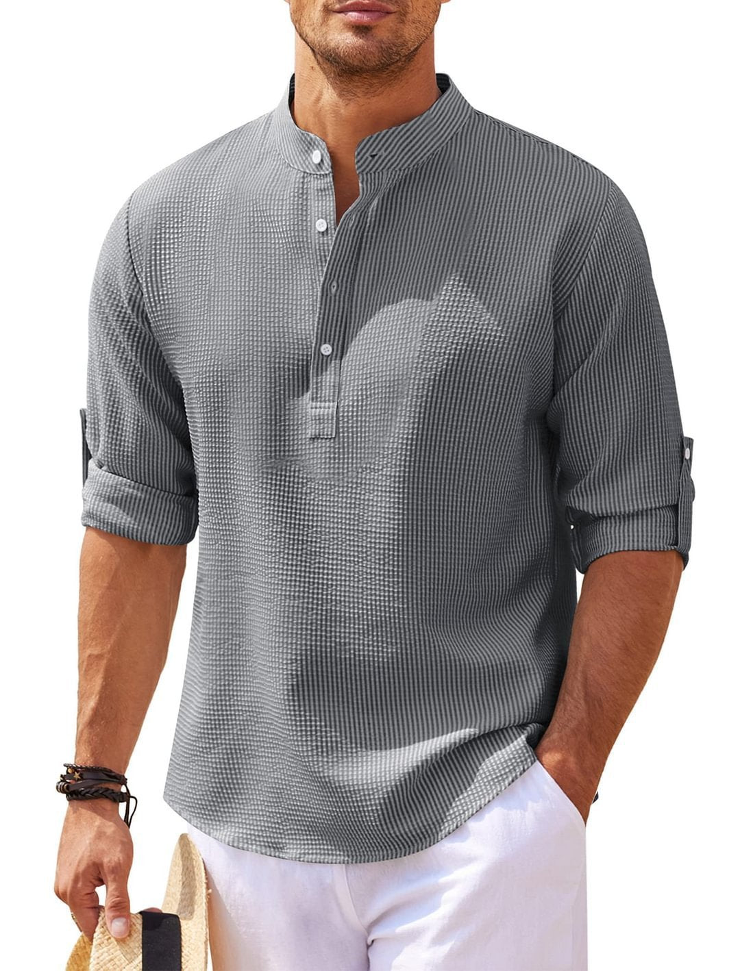 Men’s Casual Long Sleeve Stand Collar Shirt | Solid Color Loose Fit Pullover | Cotton Blend Autumn Top for Men | Stylish Minimalist Shirt | S–5XL (Multiple Colors) - Apparel & Accessories > Clothing > Clothing Tops > Shirts