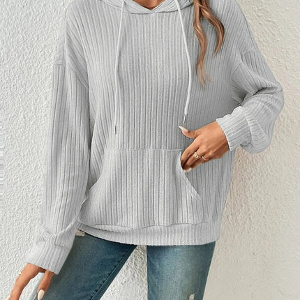 Fashion Drawstring Long-sleeved Hooded Sweatshirt With Pockets Solid Sunken Stripe Hoodie Knitwear Womens Clothing