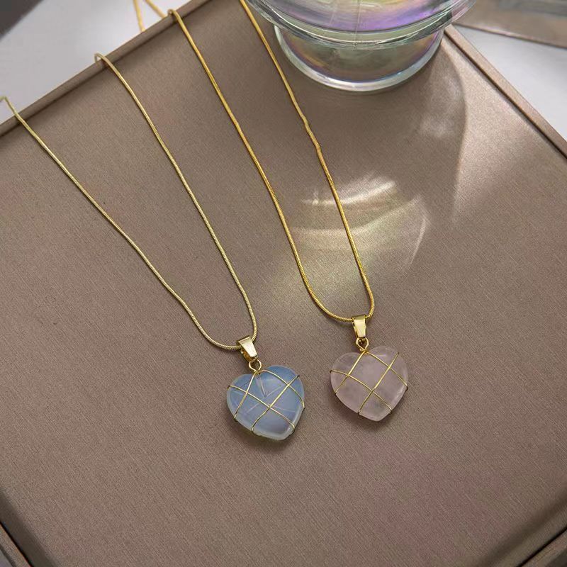 Fashion Moonstone Necklace | Cartoon Princess Heart Pendant for Girls & Women | Real Gold Electroplated Copper Chain | Japanese & Korean Style | Barbie Opal & Pink Spar Options | 39cm + 7cm Extension - Apparel & Accessories > Jewelry > Necklaces