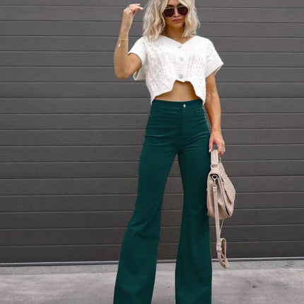 Solid Color Mid-waist Slim-fit Micro Flared Pants Corduroy