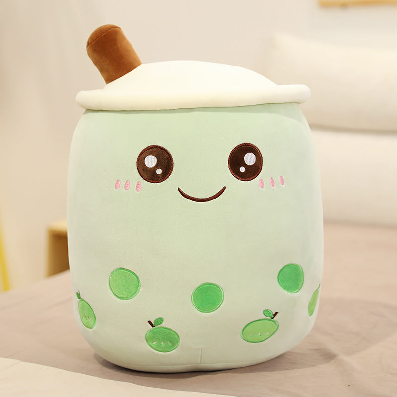 KawaiiTea | Plush Toy | Soft Fabric | Embroidered Face | Strawberry Pink Bubble Tea | Cuddle Tea Pillow -