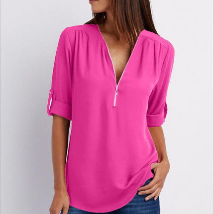 Zip V-neck Shirts Women Short Sleeve Loose Tops