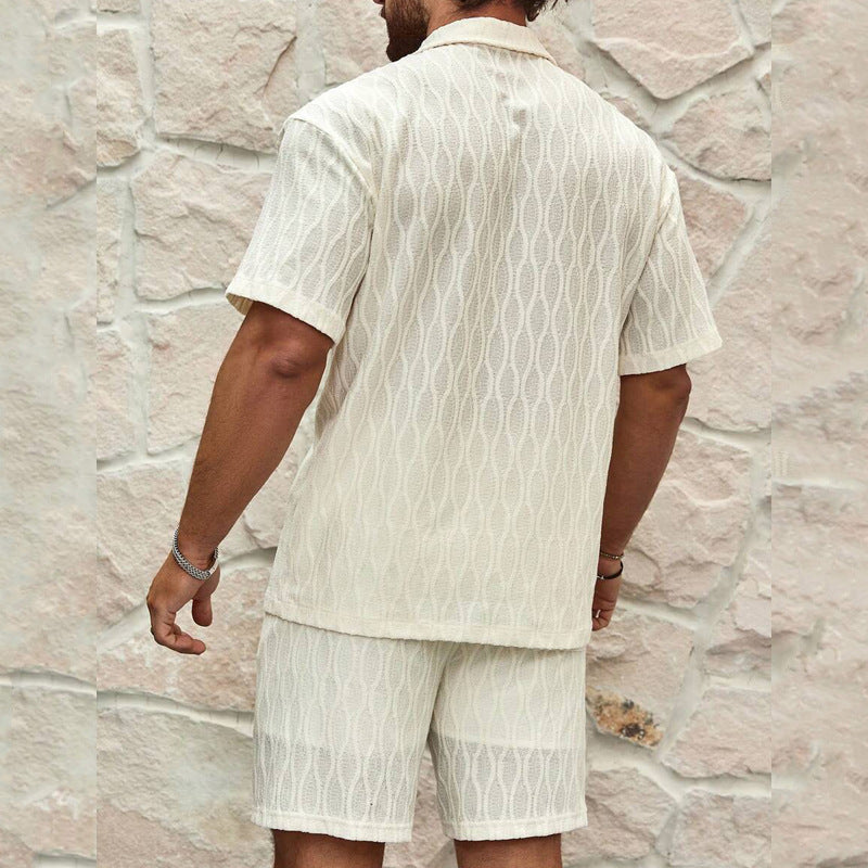 Men’s Summer Tracksuit Set | Casual Loose Fit Lapel Button Shirt & Shorts | Milky White 2-Piece Co-Ord | Lightweight Cotton Blend | Beach Holiday Outfit for Men | Trendy All-Match Summer Wear - Apparel & Accessories > Clothing > Outfit Sets