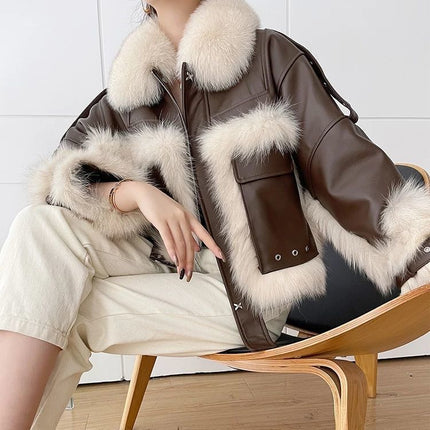 Sense Fox Fur Stitching Leather Coat