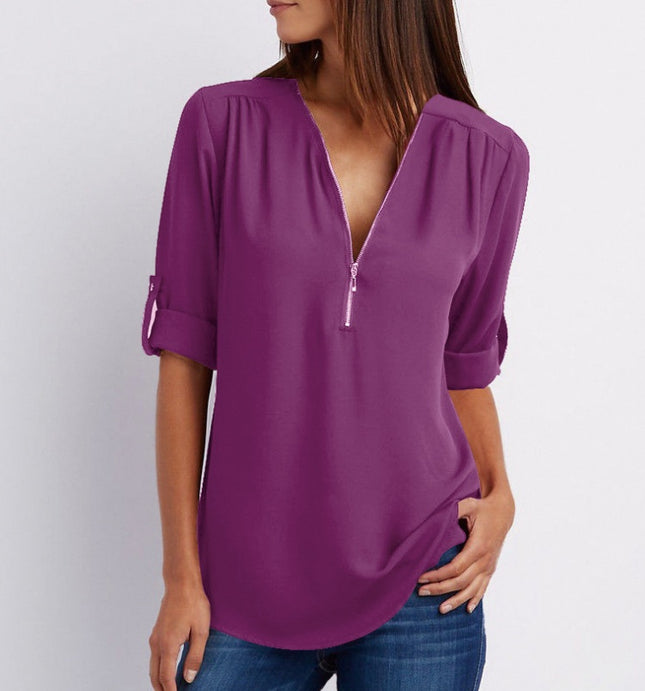 Zip V-neck Shirts Women Short Sleeve Loose Tops