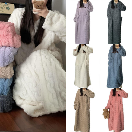 Winter Coral Fleece Sleepwear Women's Nightgown Long Night Dress Pajamas With Pockets Thickened Jacquard Dress Warm Home Clothes