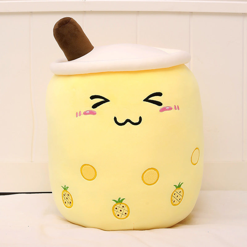 KawaiiTea | Plush Toy | Soft Fabric | Embroidered Face | Strawberry Pink Bubble Tea | Cuddle Tea Pillow -