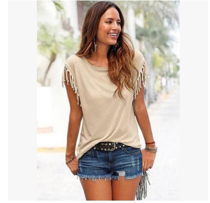 Wish quick sale eBay ladies Europe and America big size round neck short sleeve cuffs tassel T-shirt cotton tops