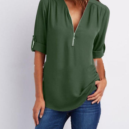 Zip V-neck Shirts Women Short Sleeve Loose Tops