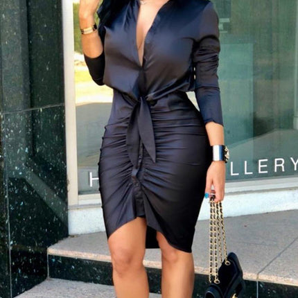 Women Lace-up Solid Color Long Sleeve Midi Dress Shirt Dress Elegant Fashion Party Dress