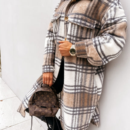 Button Lapel Casual Warm Plaid Long Woolen Coat