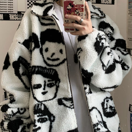 WAKUTA Winter Wool Coat Female Street Wear Chic Cute Funny Print Coats and Jackets Casual Loose Winter Clothes for Women