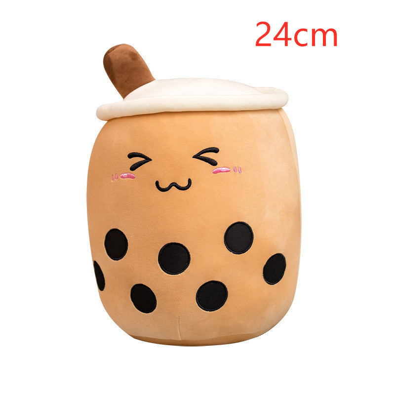 KawaiiTea | Plush Toy | Soft Fabric | Embroidered Face | Strawberry Pink Bubble Tea | Cuddle Tea Pillow -