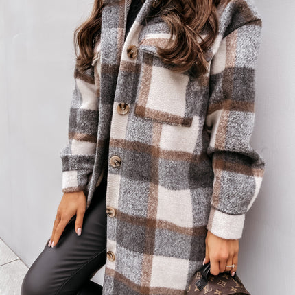 Button Lapel Casual Warm Plaid Long Woolen Coat