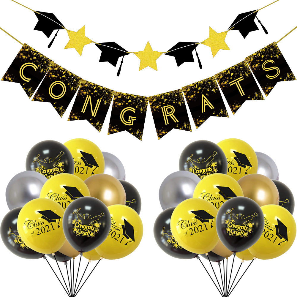 GradGala | Graduation Party Set | Banner And Balloons | Fast Party Setup | 12 Inch Balloons | Ribbon Included -