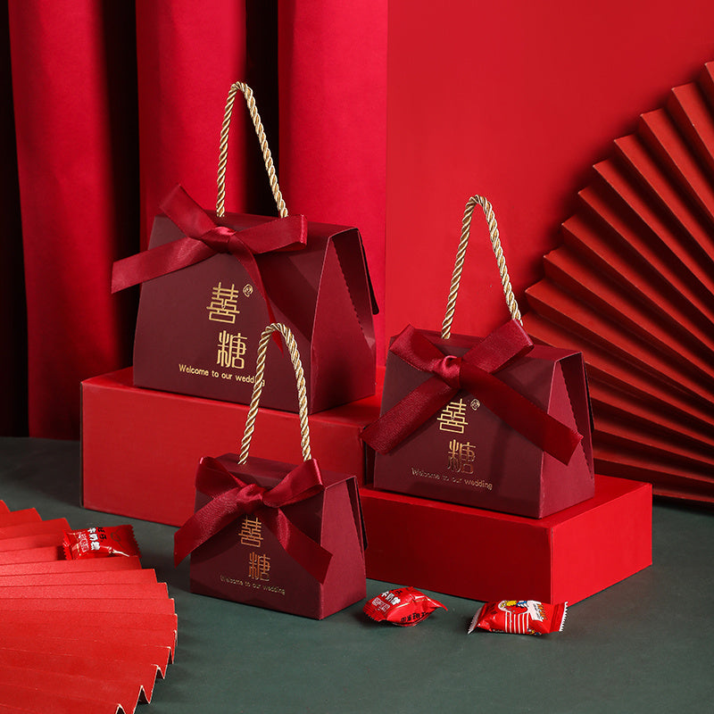 OrientalCraft | Wedding Candy Box | Portable Chinese Style | Elegant Wedding Favors | Wine Red Ribbon | Eco Cardboard -