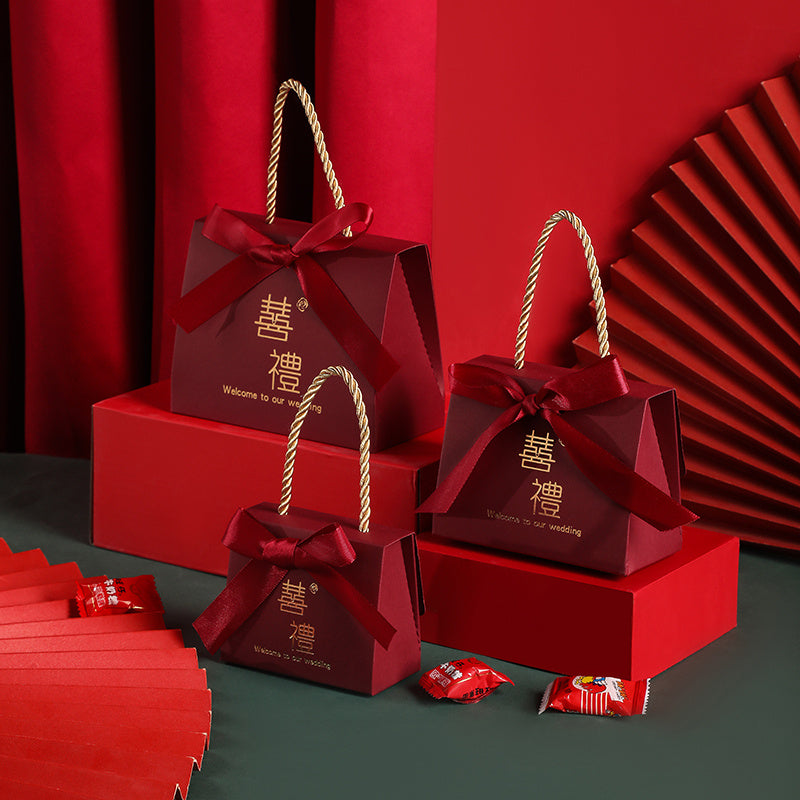 OrientalCraft | Wedding Candy Box | Portable Chinese Style | Elegant Wedding Favors | Wine Red Ribbon | Eco Cardboard -