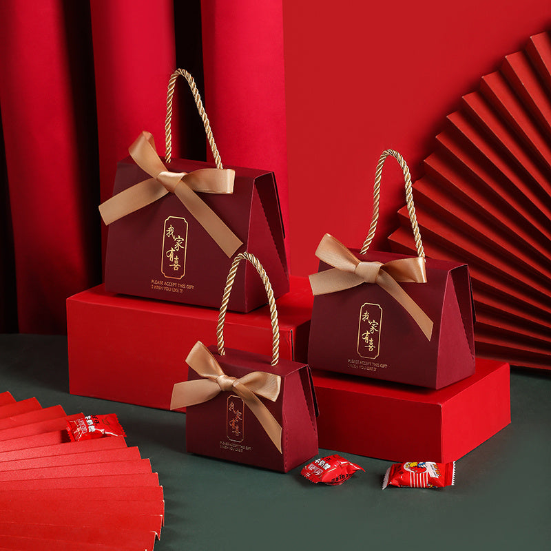 OrientalCraft | Wedding Candy Box | Portable Chinese Style | Elegant Wedding Favors | Wine Red Ribbon | Eco Cardboard -