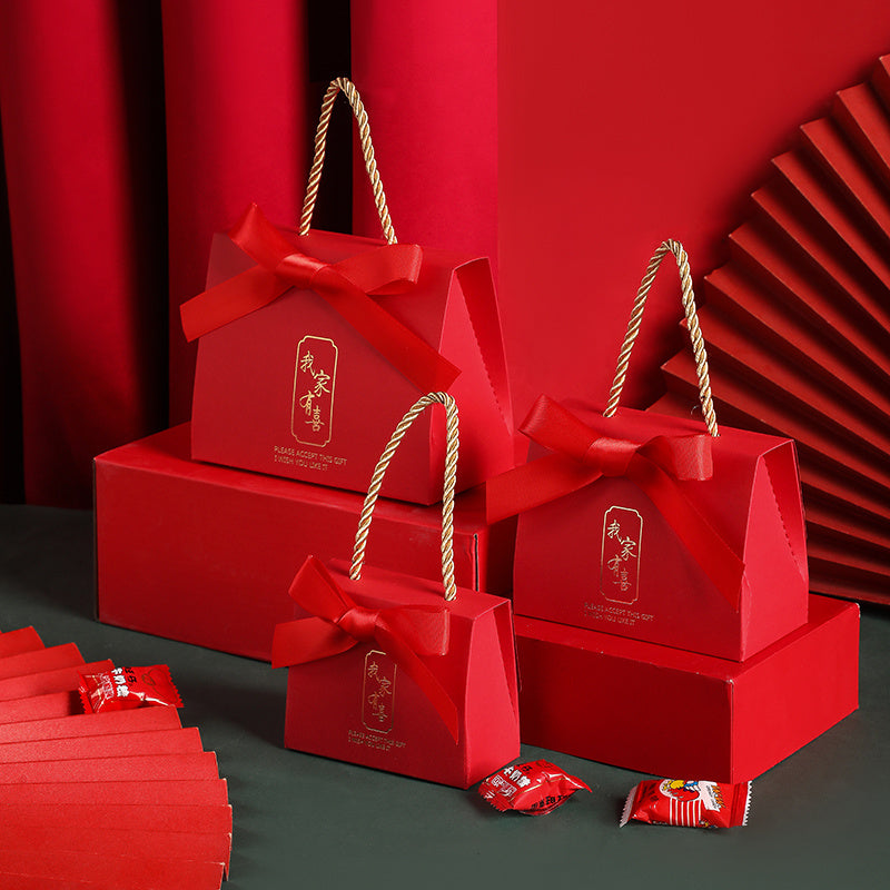 OrientalCraft | Wedding Candy Box | Portable Chinese Style | Elegant Wedding Favors | Wine Red Ribbon | Eco Cardboard -