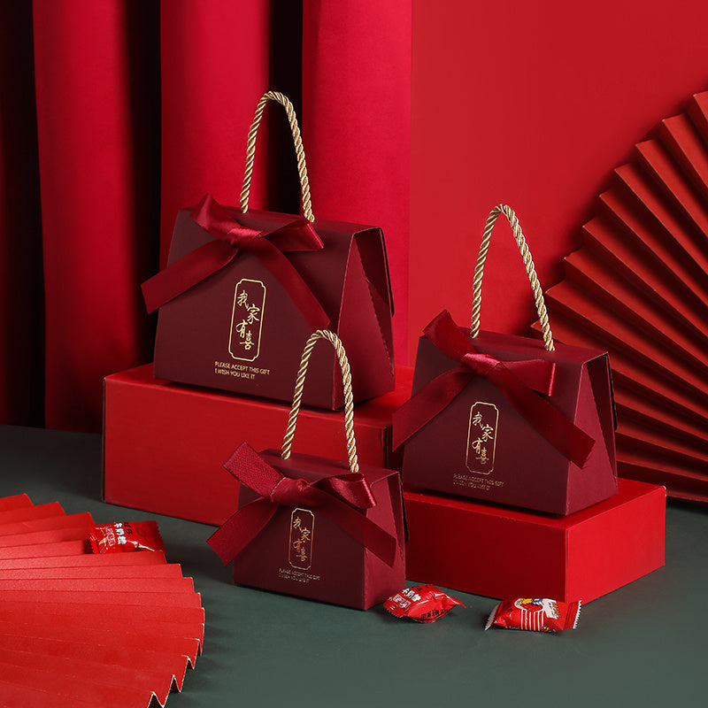 OrientalCraft | Wedding Candy Box | Portable Chinese Style | Elegant Wedding Favors | Wine Red Ribbon | Eco Cardboard -