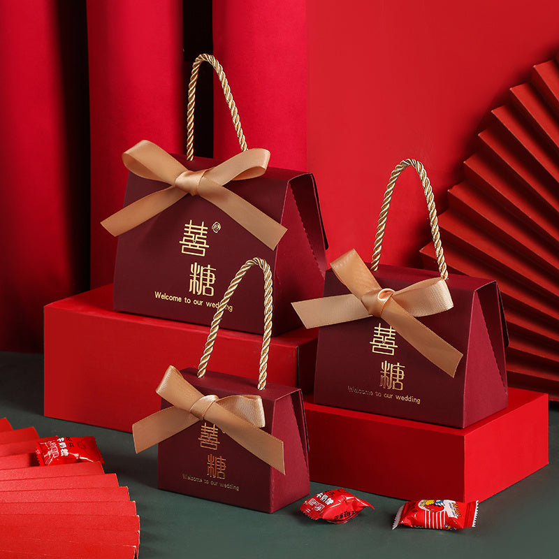 OrientalCraft | Wedding Candy Box | Portable Chinese Style | Elegant Wedding Favors | Wine Red Ribbon | Eco Cardboard -