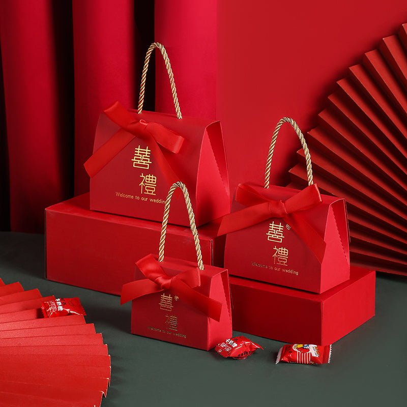 OrientalCraft | Wedding Candy Box | Portable Chinese Style | Elegant Wedding Favors | Wine Red Ribbon | Eco Cardboard -