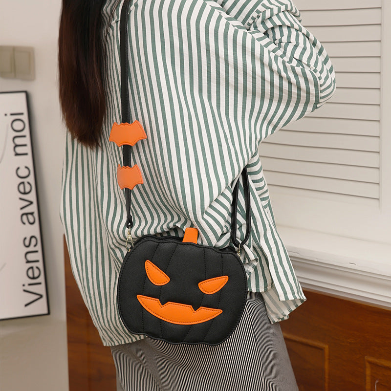 Halloween Pumpkin Crossbody Bag for Women | Cute Cartoon Shoulder Bag with Bat Design | PU Leather | Creative Festive Messenger Bag | Halloween Party Accessory - Apparel & Accessories > Handbags, Wallets & Cases > Handbags > Shoulder Bags