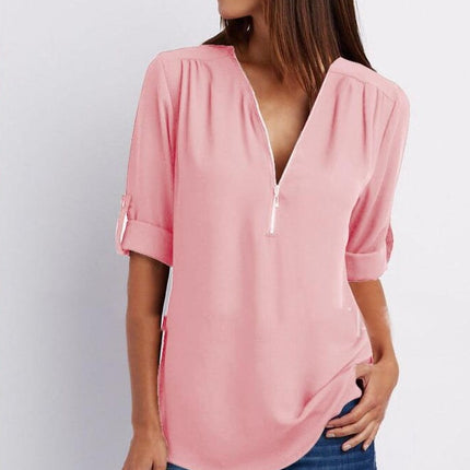 Zip V-neck Shirts Women Short Sleeve Loose Tops