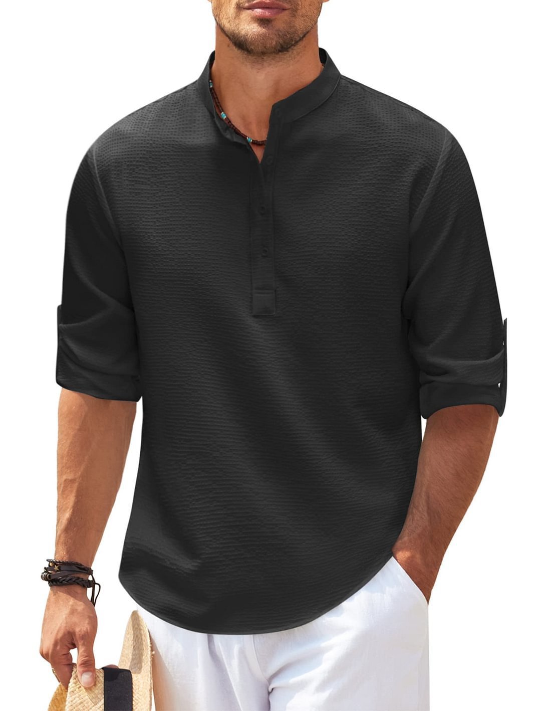 Men’s Casual Long Sleeve Stand Collar Shirt | Solid Color Loose Fit Pullover | Cotton Blend Autumn Top for Men | Stylish Minimalist Shirt | S–5XL (Multiple Colors) - Apparel & Accessories > Clothing > Clothing Tops > Shirts