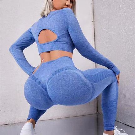 2pcs Sports Suits Long Sleeve Hollow Design Tops And Butt Lifting High Waist Seamless Fitness Leggings Sports Gym Sportswear Outfits Clothing