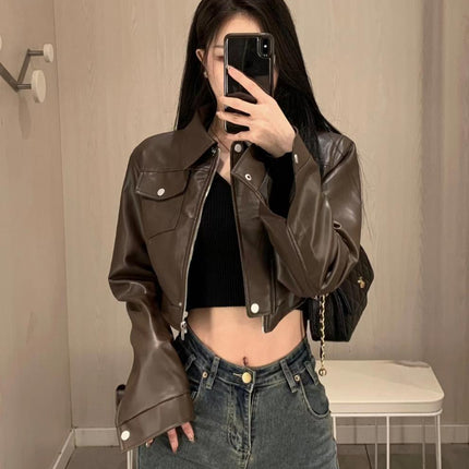 American Retro Sweet Cool Hot Girl Style Coffee Color Leather Coat Motorcycle Jacket Top