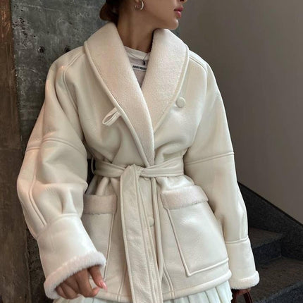 Leather And Fur Korean Style Long Sleeve Splicing Coat Women