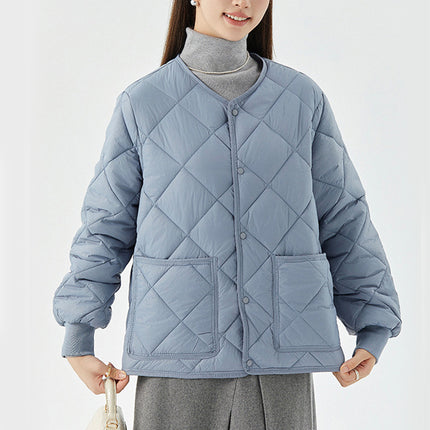 New Rhombus Sewing Cotton Coat Winter Warm Round-neck Jacket With Pockets Lightweight Outerwear For Women's Clothing