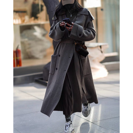 High-end Thickened Long Heavy-duty Windbreaker Sweater Jacket With Loose Design And Lazy Style Knitted Cardigan For Women In Autumn And Winter