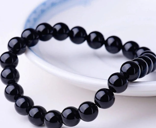 Black Onyx Bead Bracelet | Natural 8mm Black Agate Stones | Women’s Elastic Healing Energy Bracelet | Stress & Fatigue Relief | Handmade Geometric Style Jewelry - Apparel & Accessories > Jewelry > Bracelets