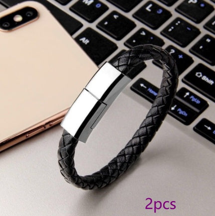 BraceletCharge | Bracelet Charger Cable | Braided Leather | Emergency USB Cable | Black | On-The-Go iPhone Charging -