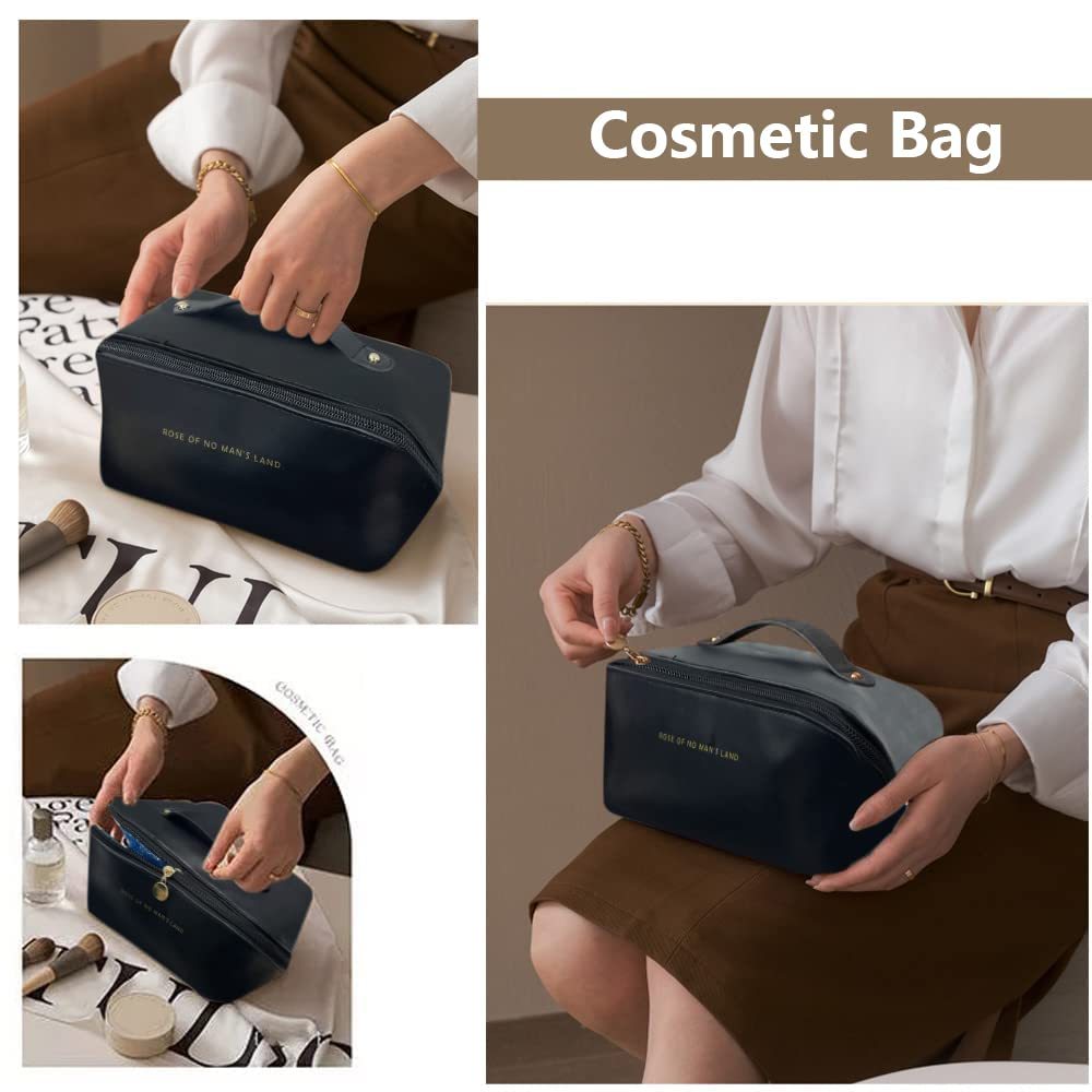 Large Capacity Travel Cosmetic Bag for Women | PU Leather Waterproof Makeup Organizer | Double-Layer Toiletry Case | Multifunction Storage Pouch with Handle | Portable Makeup Travel Bag - Luggage & Bags > Cosmetic & Toiletry Bags > Makeup Bags