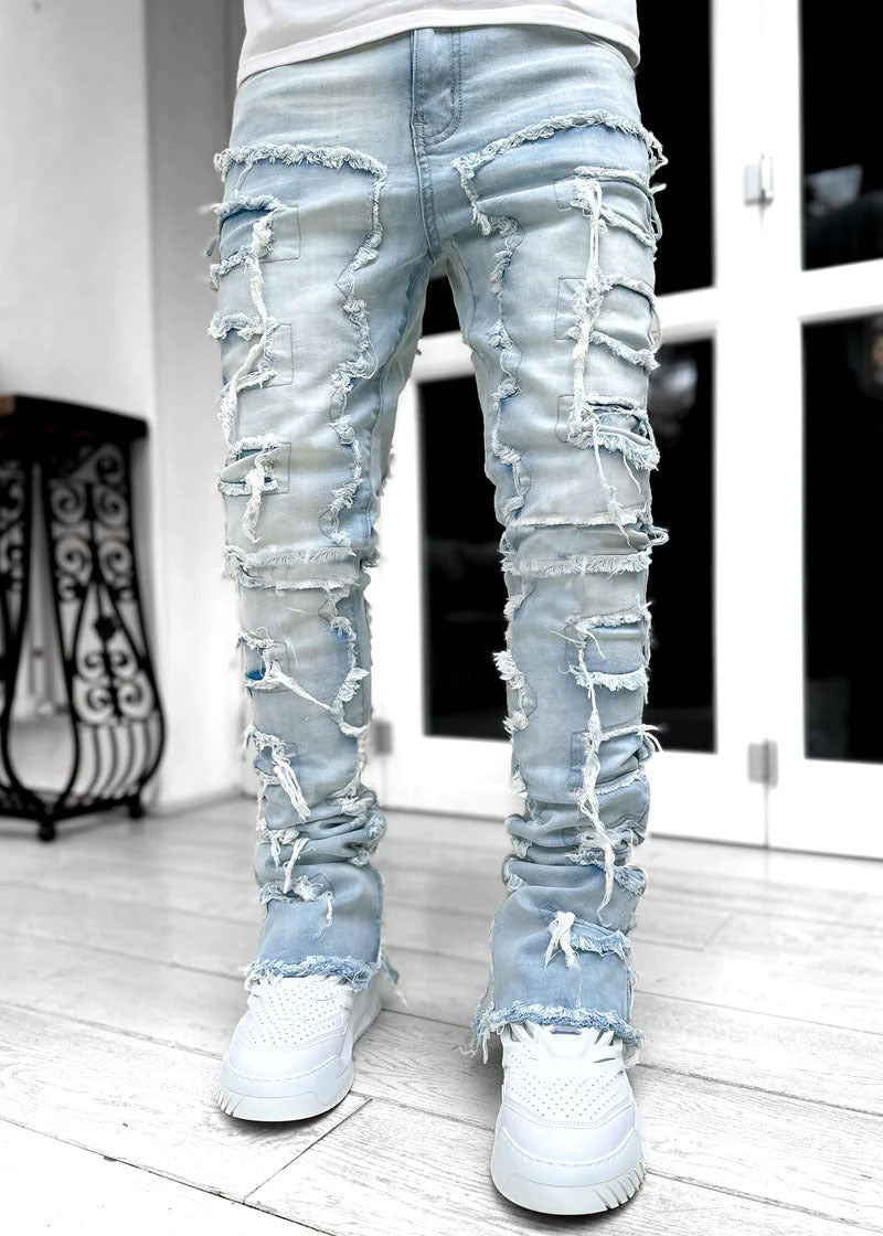 Men’s Stacked Jeans | Tight Fit Long Trousers with Patched Design | Trendy Solid Color Streetwear Pants | Cotton Slim Fit Fashion Jeans for Men | Stylish Modern Men’s Clothing - Apparel & Accessories > Clothing > Pants > Jeans