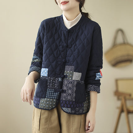 Vintage Patch Cardigan Loose Casual Buckle Rhombus Cotton-padded Jacket