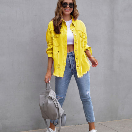 Fashion Ripped Shirt Jacket Female Autumn And Spring Casual Tops Womens Clothing