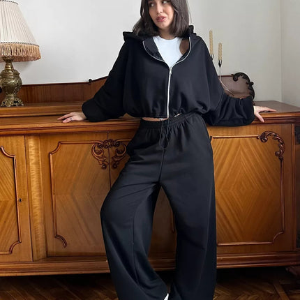 Women's Casual Solid Color Long Sleeve Zipper Sweatshirt Sweatpants Two-piece Set